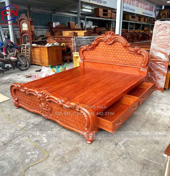 Giường Ngủ Gỗ Hương Đá Cao Cấp Mẫu Trám Tân Cổ Điển 2 Ngăn Kéo
