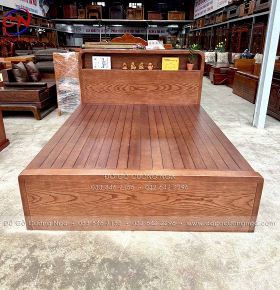 Giường Ngủ Gỗ Sồi Màu Óc Chó Kết Hợp Kệ Đầu Giường Hiện Đại - Phản Thưa