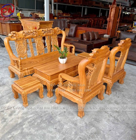 Bàn Ghế Salon Gỗ Gõ Đỏ Tay 10 - 6 Món Chạm Đào Mặt Liền Tấm Cao Cấp