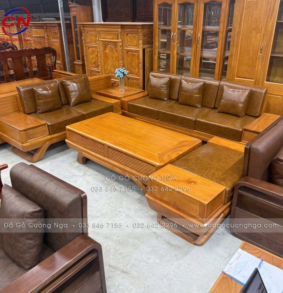Bàn Ghế Sofa Gỗ Gõ Đỏ 2 Văng Hiện Đại Kèm Nệm Da Hiện Đại (Vế Trái)