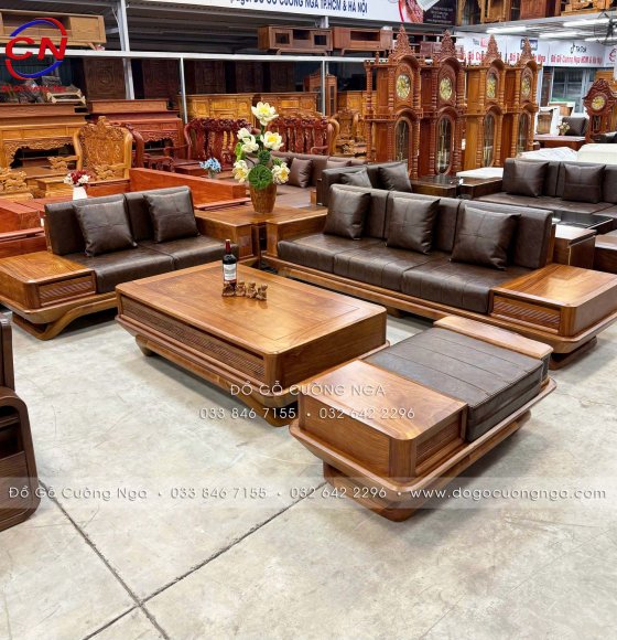 Sofa Gỗ Hương Vàng 2 Văng Kèm Nệm Chân Thuyền – Sang Trọng