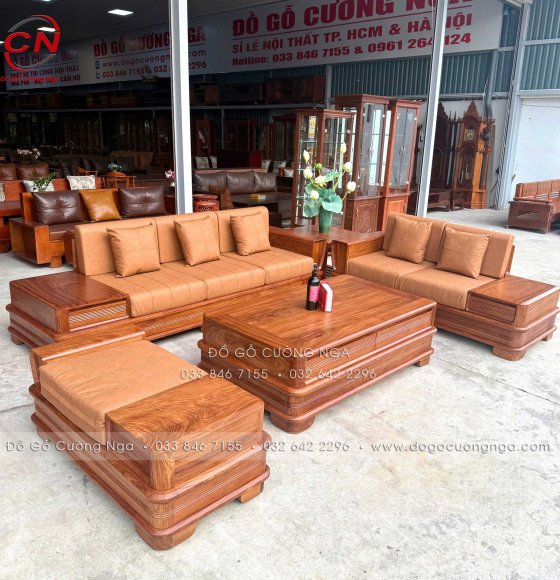Sofa Gỗ Hương Vàng 2 Văng - Chân Pháo - Kèm Nệm Cao Su Hiện Đại