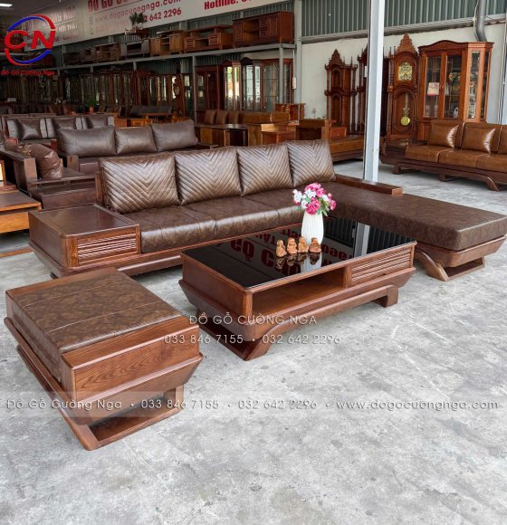 Sofa Gỗ Sồi Nga Màu Óc Chó Góc L 3mx2m Kiểu Chân Thuyền Kèm Nệm Da Sang Trọng