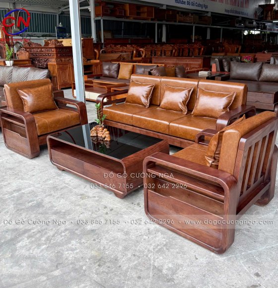 Sofa Đối Gỗ Sồi Nga Lau Màu Óc Chó 4 Chi Tiết Tay Vòng - Nệm Da Cao Cấp