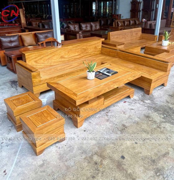 Bàn Ghế Sofa Gỗ Cẩm Vàng Mẫu Đóng Hộp Tay Trứng Góc L 2m44x2m