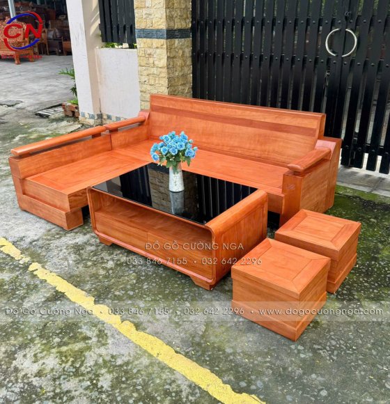 Sofa Gỗ Đinh Hương Góc L Đổi Chiều Kèm Bàn Boom