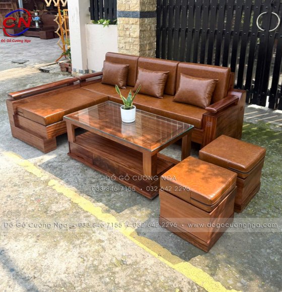 Sofa Gỗ Hương Xám Màu Óc Chó Góc L Đổi Chiều 2m1x1m6 Kèm Nệm