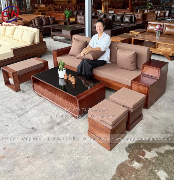 Sofa Văng Gỗ Sồi Nga Lau Màu Óc Chó 3 Ngăn Kéo - 2m3 Kèm Nệm  