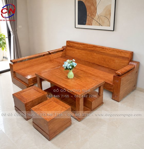 Sofa Gỗ Đinh Hương Góc L Đổi Chiều 2m1x1m6 Lưng Tựa Soi