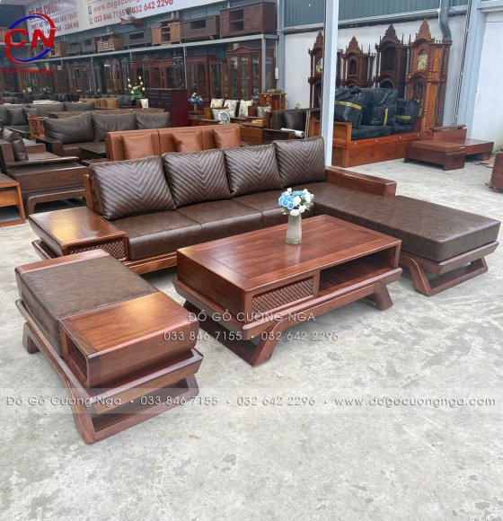 Sofa Gỗ Hương Xám Góc L Mẫu Cánh Tiên Màu Óc Chó Kèm Nệm Sang Trọng