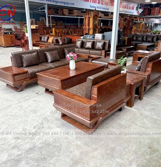 Sofa Kê Đối Xứng Gỗ Sồi Nga Màu Óc Chó Kèm Nệm Cao Su Da Tối