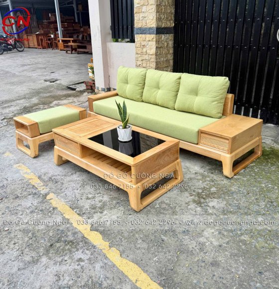 Sofa Văng Choãi Gỗ Sồi Nga Màu Tự Nhiên Kết Hợp Nệm Vải Bố Bền Chắc