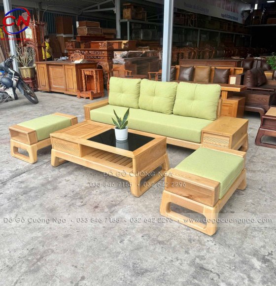 Sofa Văng Choãi Gỗ Sồi Nga Màu Tự Nhiên Nệm Vải Bố 4 Chi Tiết