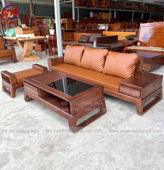 Sofa Văng Choãi Gỗ Sồi Nga Màu Óc Chó 3 Chi Tiết Nhỏ Gọn