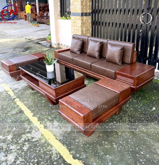 Sofa Văng Gỗ Sồi Nga Chân Thuyền Màu Óc Chó Kèm Nệm - 2 Đôn, Tặng Kính Bàn