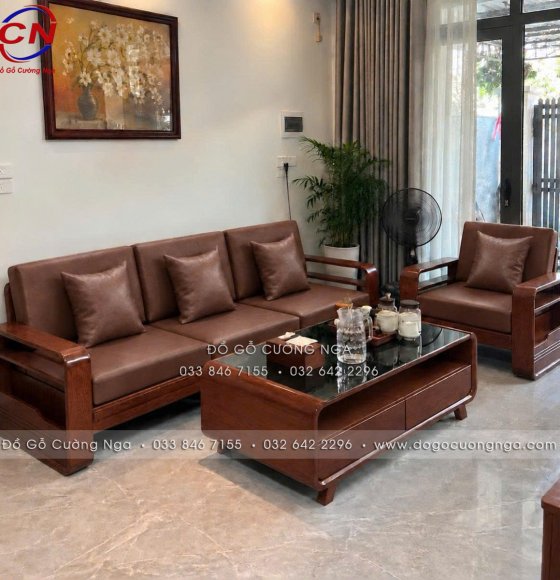 Sofa Văng Gỗ Sồi Nga Màu Óc Chó Tay Vòng Kèm Nệm – Bộ 3 Chi Tiết