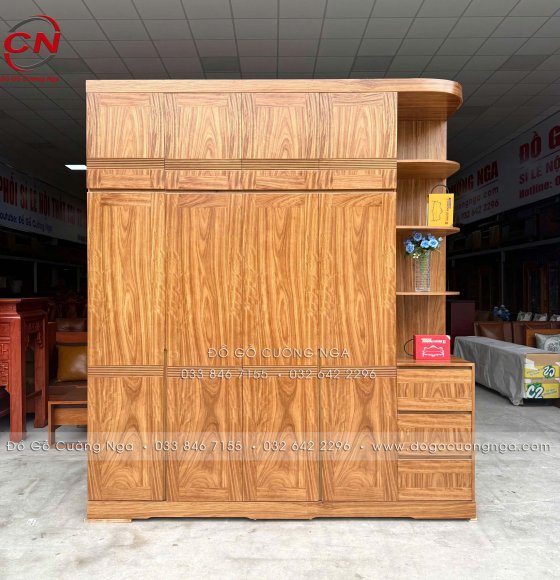 Tủ Áo Gỗ Hương Xám 4 Cánh Góc Cao 2 Tầng Hiện Đại 