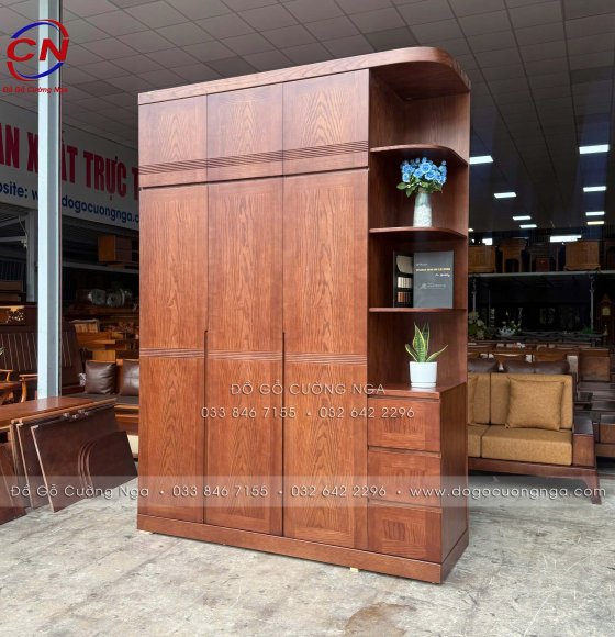 Tủ Áo Gỗ Sồi Nga Màu Óc Chó 3 Cánh Kèm Góc Kệ 2 Tầng Tăng Diện Tích