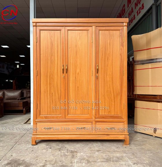 Tủ Áo Gỗ Gõ Đỏ 100% Mẫu 3 Cánh Trơn Dày Dặn