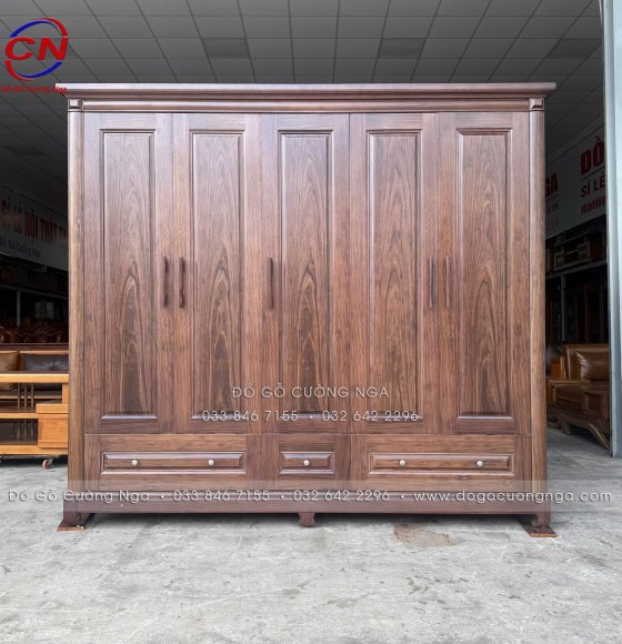 Tủ Quần Áo Gỗ Óc Chó Cao Cấp 5 Cánh Trơn Hiện Đại