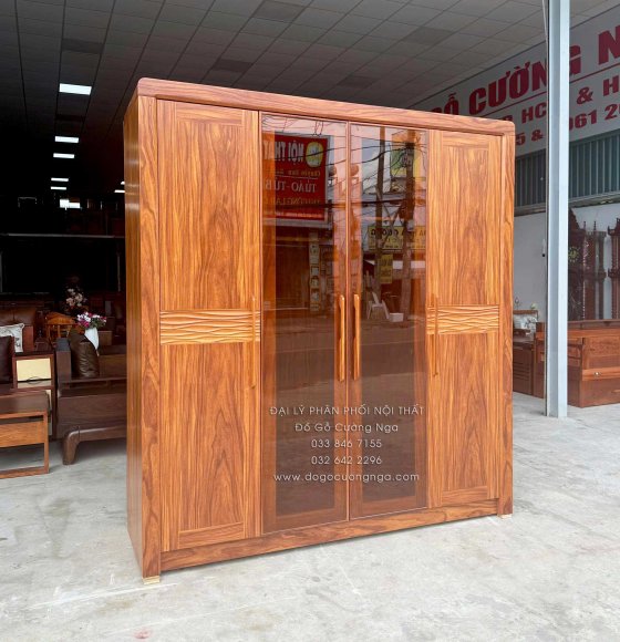 Tủ Áo Gỗ Cẩm 4 Cánh Mẫu Sóng Cánh Kính Hiện Đại Sang Trọng