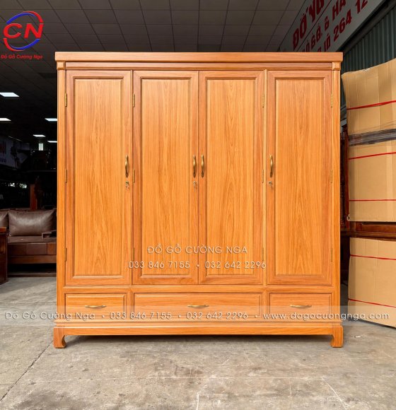 Tủ Áo Gỗ Gõ Đỏ 100% 4 Cánh Trơn Hiện Đại – Thiết Kế Tối Giản