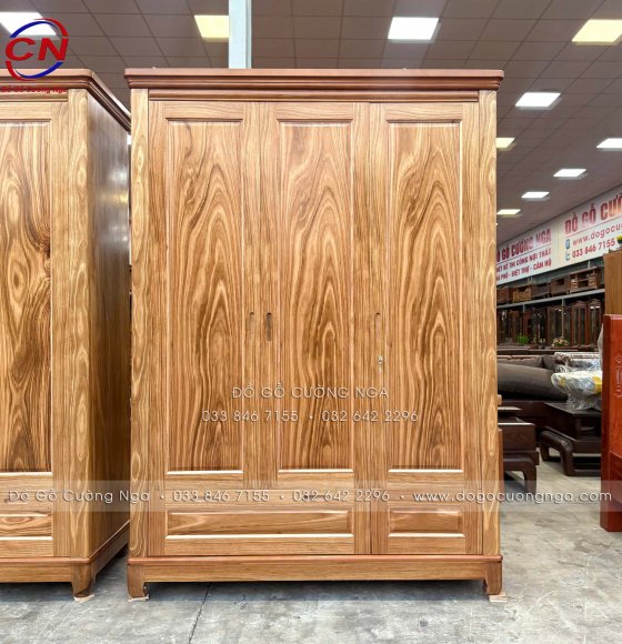Tủ Quần Áo Gỗ Hương Xám 3 Cánh Mẫu Trơn 1m55
