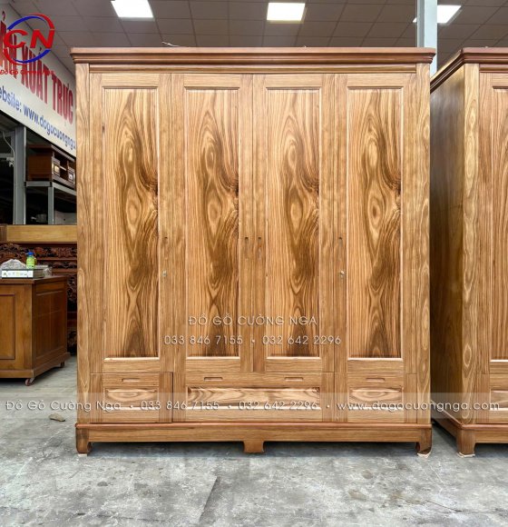Tủ Quần Áo Gỗ Hương Xám 4 Cánh Mẫu Trơn 1m95