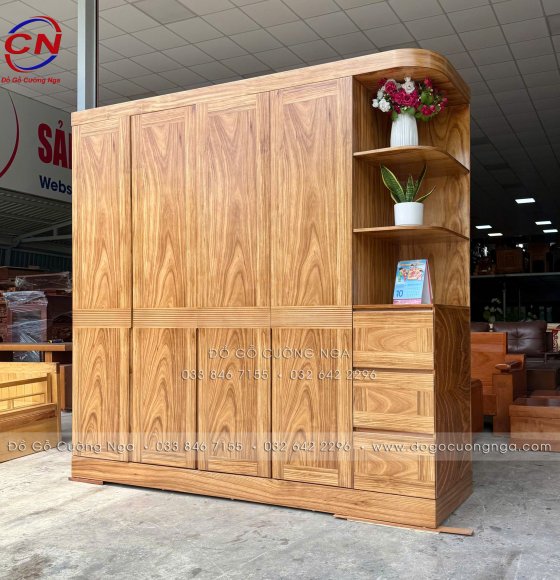 Tủ Quần Áo Gỗ Hương Xám 4 Cánh Kèm Góc Trang Trí Vế Phải - Mẫu Chạy Chỉ