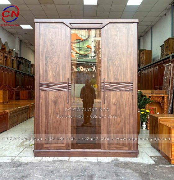 Tủ Áo Gỗ Óc Chó 3 Cánh Phối Kính Hiện Đại - Mẫu Cánh Thuyền