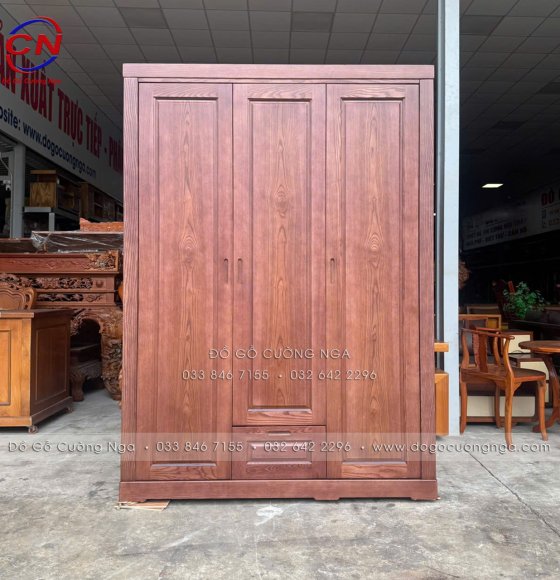 Tủ Áo Gỗ Sồi Nga Màu Óc Chó 3 Cánh Sơn Inchem Cao Cấp, Bản Lề Giảm Chấn