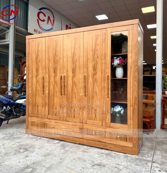 Tủ Quần Áo Gỗ Hương Xám 5 Cánh Kết Hợp Cánh Kính Sang Trọng