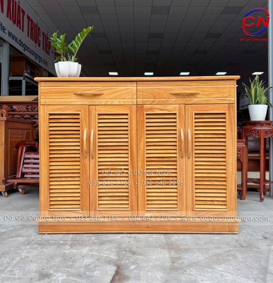 Tủ Giày Dép Gỗ Gõ Đỏ 4 Cánh Lá Sách 1m4 Chứa Được 24 Đôi