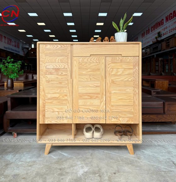 Tủ Giày Gỗ Sồi Nga 3 Cánh Chân Cao Hiện Đại Màu Tự Nhiên