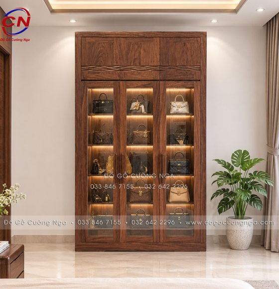 Tủ Đa Năng Cánh Kính Gỗ Hương Xám Màu Óc Chó 3 Cánh 2 Tầng