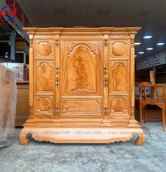 Tủ Thờ Gỗ Gõ Đỏ Cao Cấp 1m53 Chạm Nhẹ Kiểu Tân Cổ Điển