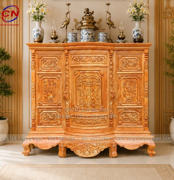 Tủ Thờ Gỗ Gõ Đỏ Cao Cấp 1m75 Cánh Cong Chạm Tam Đa Cổ Điển
