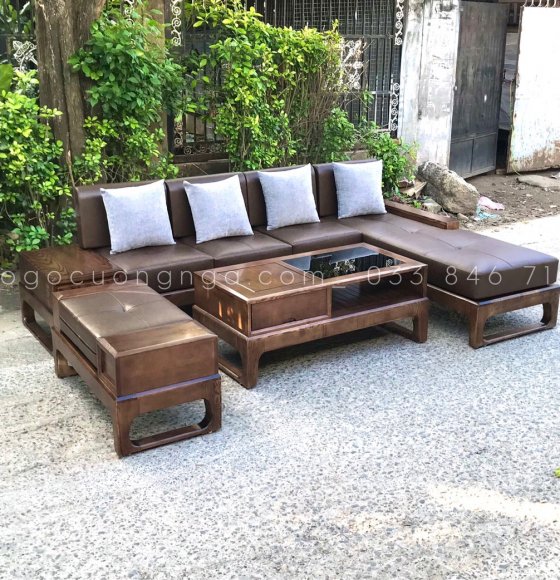 Bộ Sofa gỗ Sồi Nga Lau Màu Óc Chó 2m8x1m8 - Kèm Nệm Da 