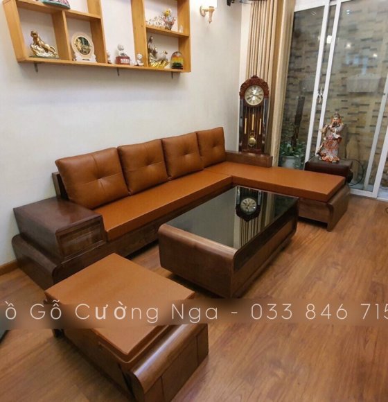 Bộ Sofa Gỗ Sồi Nga Lau Màu Óc Chó Kèm Nệm Da - 2m8x1m8 ( vế phải ) 