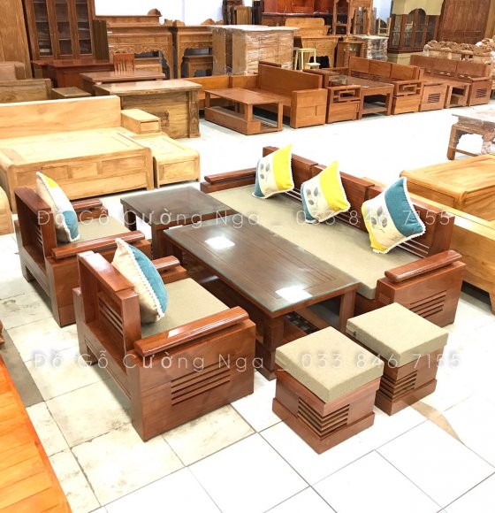 Bộ Bàn Ghế Sofa Gỗ Xoan Đào  Đối Tay Trứng 7 Món Kèm Nệm 