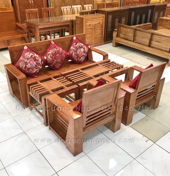 Bộ Bàn Ghế Sofa gỗ Sồi Nga Đối 5 Món Mẫu Chữ A Kèm Gối Tựa 