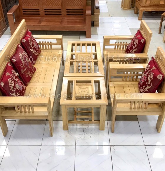Salon Gỗ Sồi Nga Mẫu Trống Đồng Tay 12 - Đơn Giản Kèm Gối Lụa 