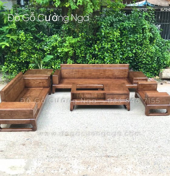 Sofa Gỗ Sồi Nga Hai Văng Lau Màu Óc Chó Cao Cấp 
