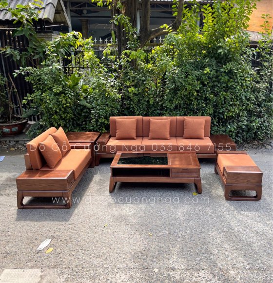 Bàn ghế sofa gỗ sồi 2 văng chân quỳ - zito tuy chỉnh - sofa gỗ hiện đại 