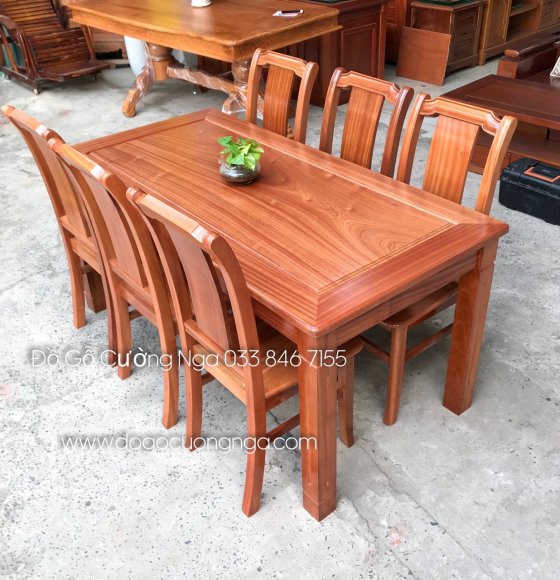 Bộ bàn ăn gỗ xoan đào 6 ghế mặt liền - ghế lá dọc 