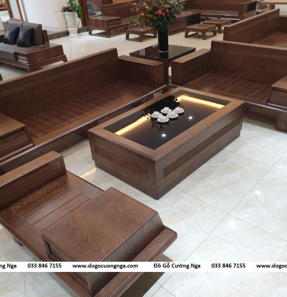 Bộ bàn ghế sofa gỗ sồi nga màu óc chóc cao cấp mẫu thuyền 