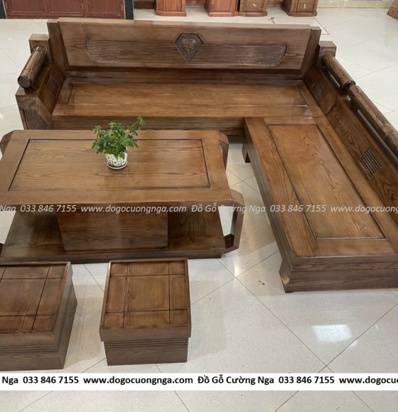 Bộ bàn ghế sofa góc L gỗ sồi nga lau màu óc chó - mẫu kim cương 