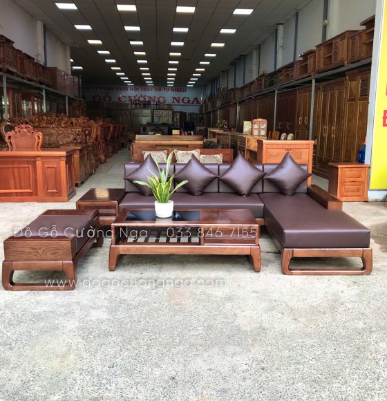 Bàn ghế sofa góc L gỗ sồi nga lau màu óc chó hiện đại - 2m8x1m8 kèm nệm da 