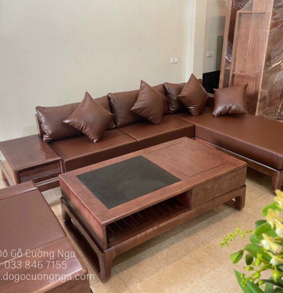 Bộ ghế sofa góc L gỗ sồi nga lau màu óc chó 2m8x1m8 - kèm nệm 
