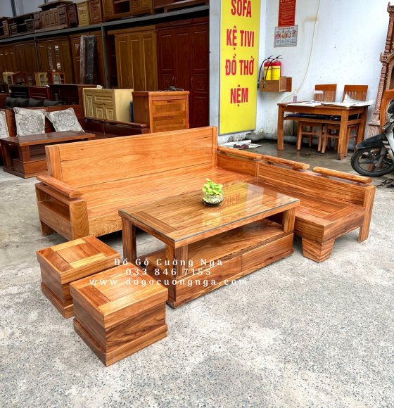 Bộ ghế sofa gỗ Hương Xám góc L 2mx1m8 - tay trứng